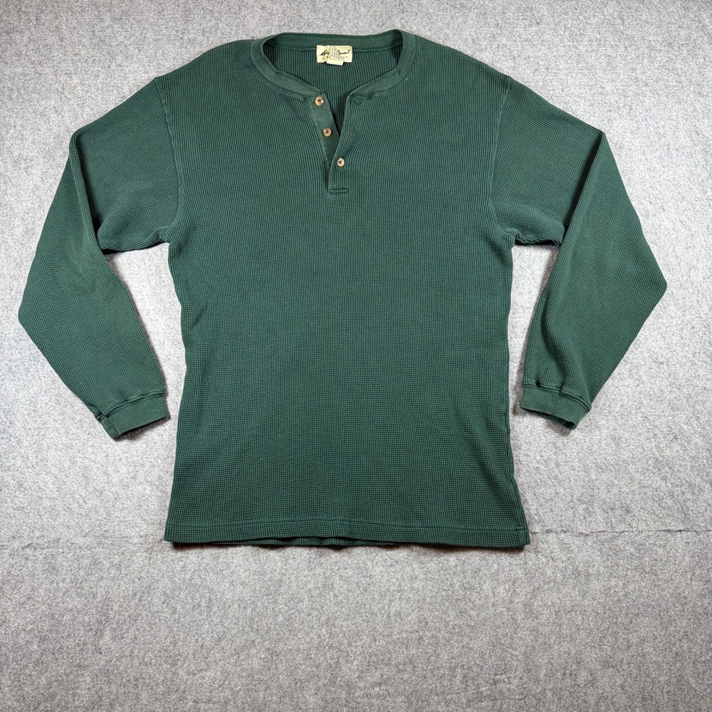 Eddie Bauer Mens Waffle Knit Henley Shirt M Green Cotton Long Sleeve Thermal